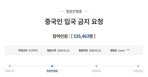 청와대 청원 게시판에 올라온 '중국인 입국금지'청원 (자료=청와대 청원게시판)