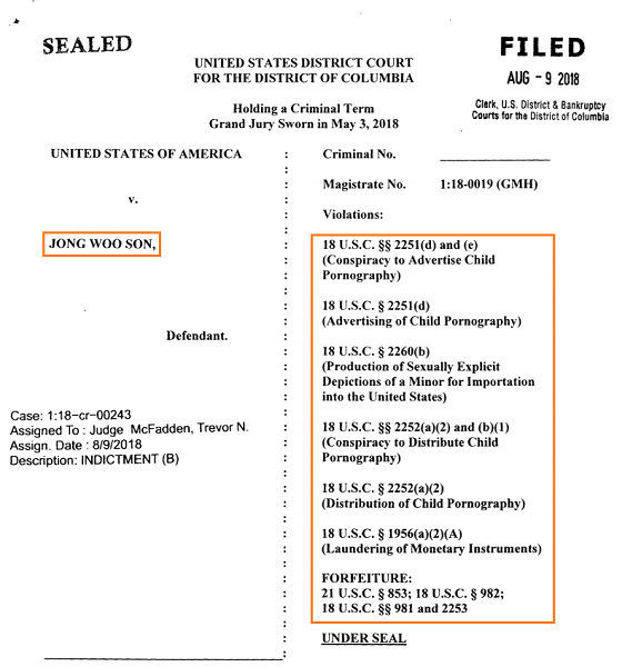 미국 법무부가 공개한 '웰컴 투 비디오' 운영자 손정우씨에 대한 공소장. 오른쪽 빨간색 사각형 안에 손씨에게 적용된 혐의 9가지가 나열돼있다. 자료=미국 법무부 홈페이지