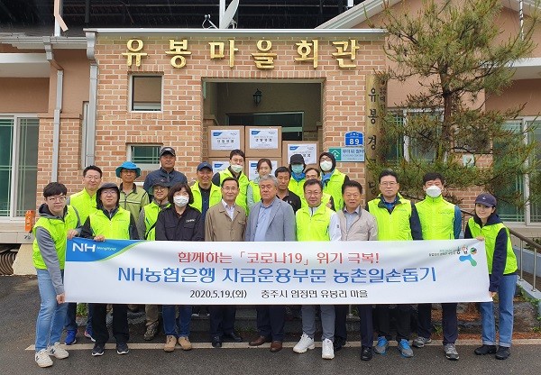 19일 김행춘 NH농협은행 부행장(오른쪽 다섯번째)과 자금운용부문 직원들이 농촌일손돕기 후 기념사진을 찍고 있다. 사진=NH농협은행