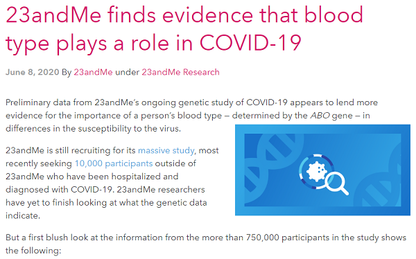 미국 유전자분석업체 '23앤드미(23andME)'는 8일 O형이 코로나19에 감염될 확률이 다른 혈액형에 비해 상대적으로 낮다는 예비연구 결과를 발표했다. 사진=23앤드미 공식 블로그 갈무리