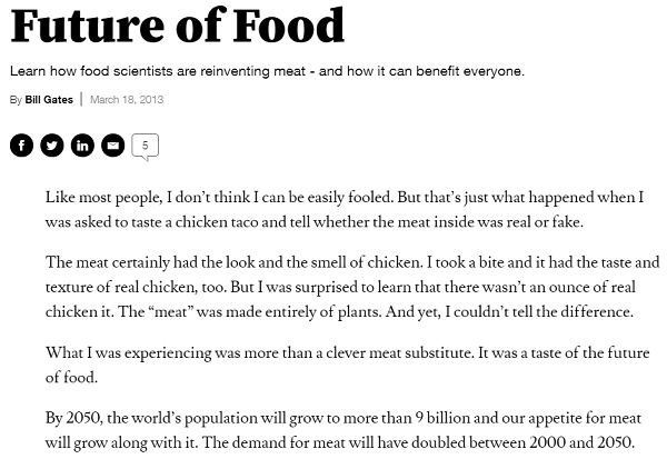 빌 게이츠는 지난 2013년 자신의 블로그 '게이츠노트'에 대체육을 '음식의 미래'라며 성장 전망을 낙관하는 글을 올렸다. 사진=빌 게이츠 블로그 갈무리
