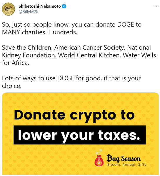 도지코인 개발자 빌리 마커스는 3일 트위터를 통해 도지코인을 기부할 수 있는 자선단체가 많이 있다고 말했다. 사진=트위터 갈무리