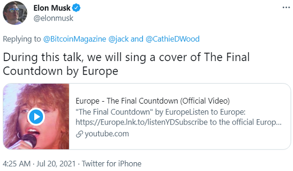일론 머스크 테슬라 최고경영자(CEO)가 오는 21일(현지시간) 열리는 비트코인 투자 활성화를 위한 이벤트 'B 월드'에서의 토론회에서 '마지막 카운트다운'이라는 노래를 부르겠다며, 비트코인에 대한 부정적인 입장을 밝혔다. 사진=트위터 갈무리