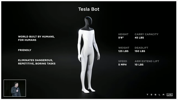 테슬라 봇(Tesla Bot). 출처=테슬라 AI 데이 라이브 캡처