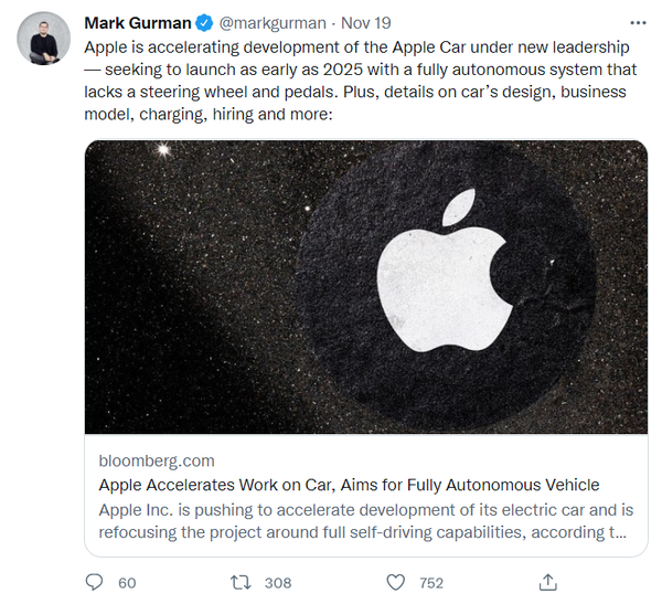 블룸버그 통신의 마크 거먼 기자가 "애플이 향후 4년 내 완전 자율주행이 가능한 전기차를 2025년에 출시할 것으로 보인다"고 보도했다. (출처=마크 거먼 트위터 갈무리)