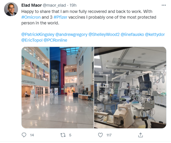 오미크론에 감염됐던 이스라엘 의사 엘라드 마오르가 언론에 자신의 경험담을 공개했다. (출처=엘라드 마오르 트위터 채널 갈무리)