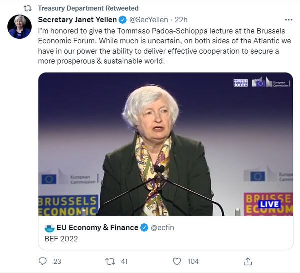 17일(현지시간) 브뤼셀 경제포럼에서 연설하는 재닛 옐런 미국 재무장관. 출처=미국 재무부 공식 트위터 갈무리