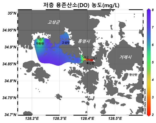 통영 북신만에 발생한 산소부족 물덩어리 분포도. 자료=국립수산과학원