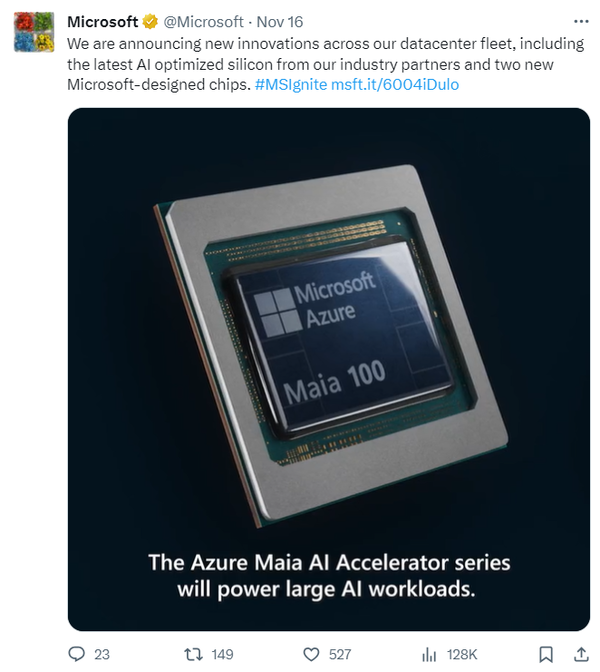 마이크로소프트(MS)가 공개한 AI 칩 '마이아 100'. 출처=마이크로소프트 공식 엑스닷컴 계정 갈무리