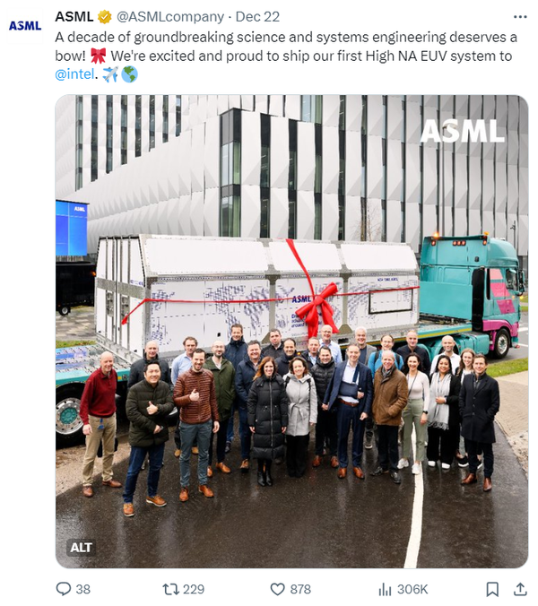 ASML이 네덜란드 벨드호벤 본사에서 출발하는 차세대 극자외선(EUV) 노광 장비 일부를 자사의 한 소셜 미디어 플랫폼에 게시했다. 출처=ASML 공식 엑스 닷컴 갈무리 
