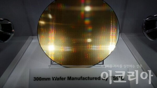 TSMC에서 3나노 제품을 생산하는 300mm 웨이퍼. 사진=여정현 필자 제공.