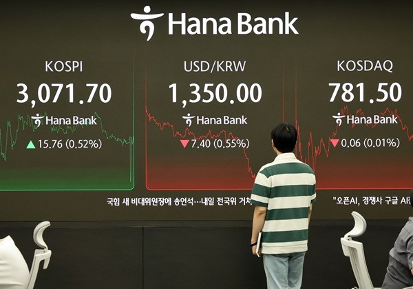 6월 30일 오후 서울 중구 하나은행 딜링룸 전광판에 코스피가 전 거래일 보다 15.76포인트(0.52%) 오른 3071.70포인트를 나타내고 있다. 사진=뉴시스